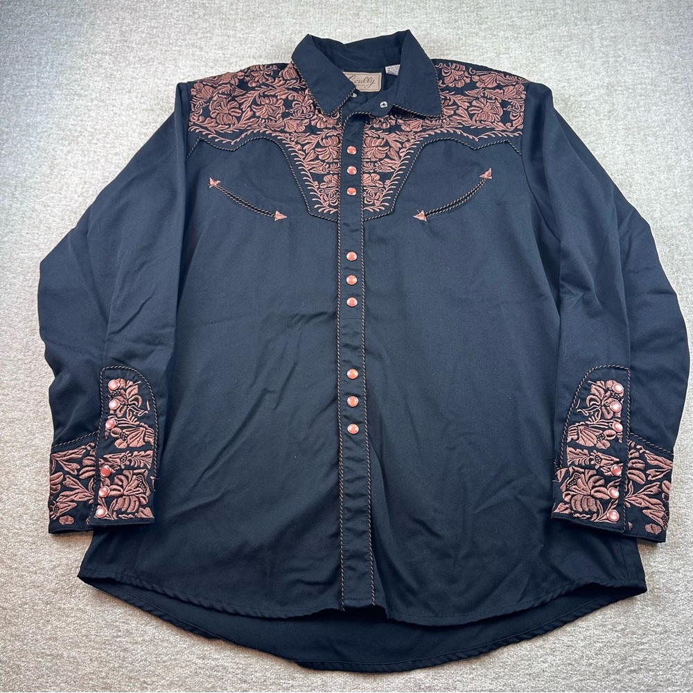 Scully Mens Black Copper Floral Embroidered Gunfighter Western Pearl Snap Large